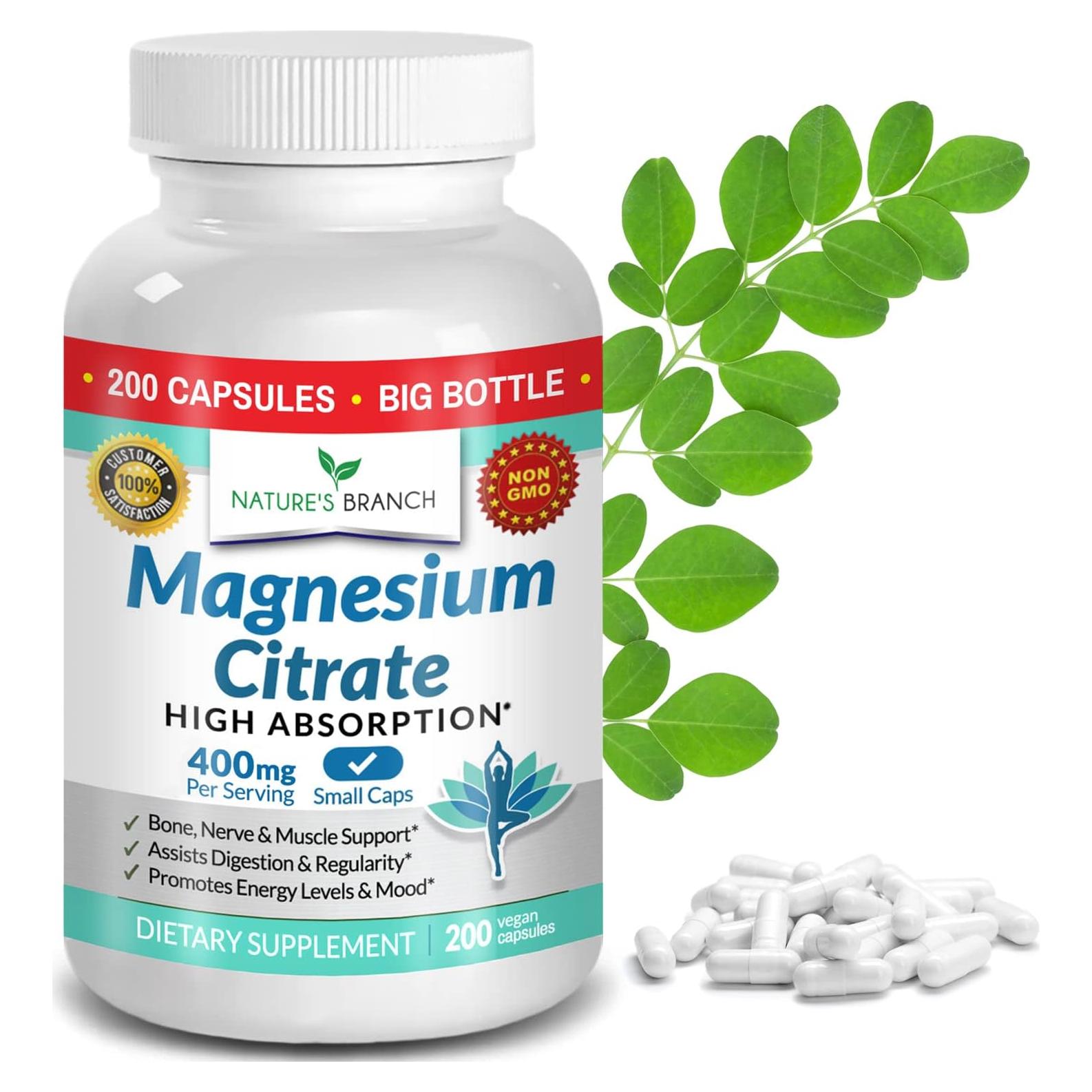 Citrato de Magnesio 400mg - Nature's Branch - 200 Cápsulas Veganas