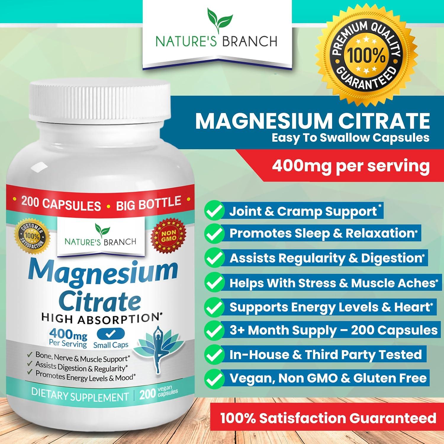Citrato de Magnesio 400mg - Nature's Branch - 200 Cápsulas Veganas