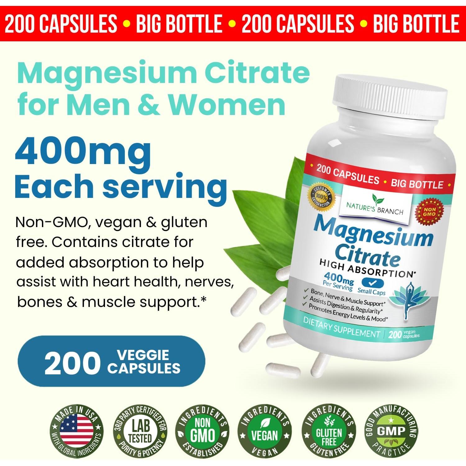 Citrato de Magnesio 400mg - Nature's Branch - 200 Cápsulas Veganas