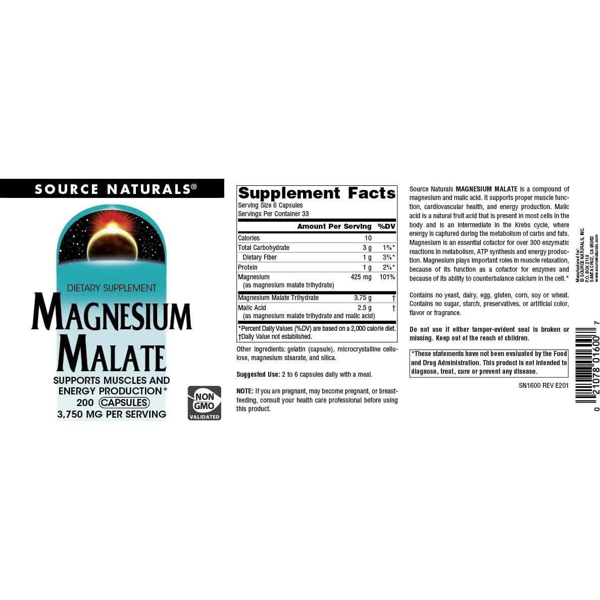 Malato de Magnesio Source Naturals 3750 MG - 200 Cápsulas