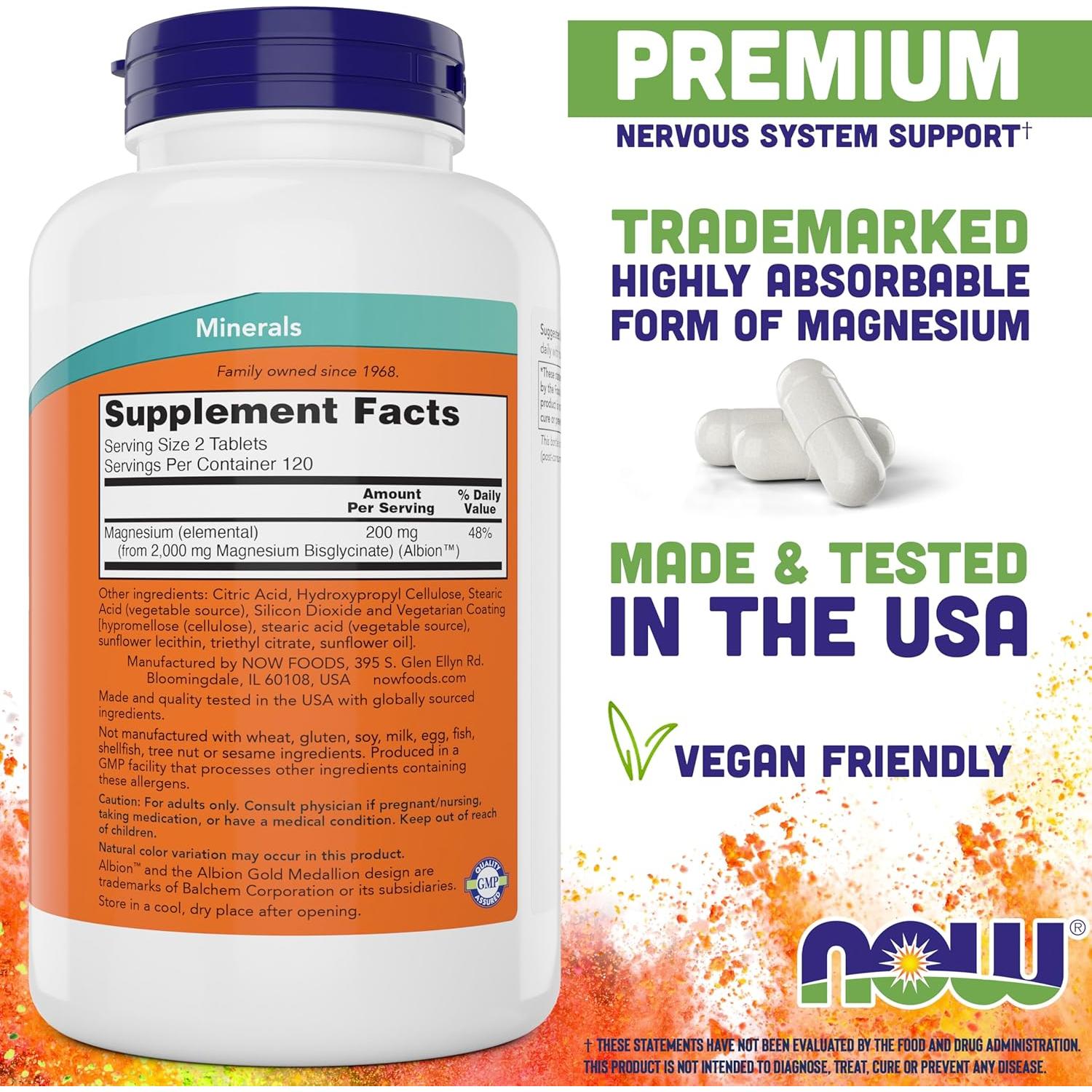 Now Foods Magnesio Glicinato 240 Tabletas - Suplemento Vegano