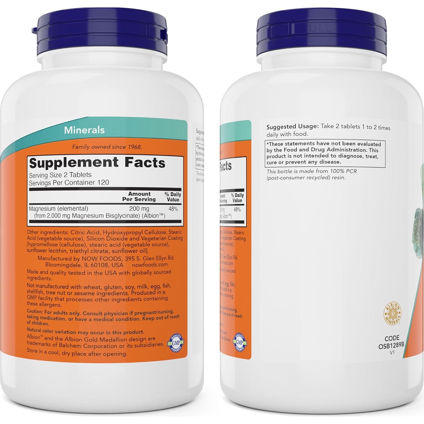 Now Foods Magnesio Glicinato 240 Tabletas - Suplemento Vegano