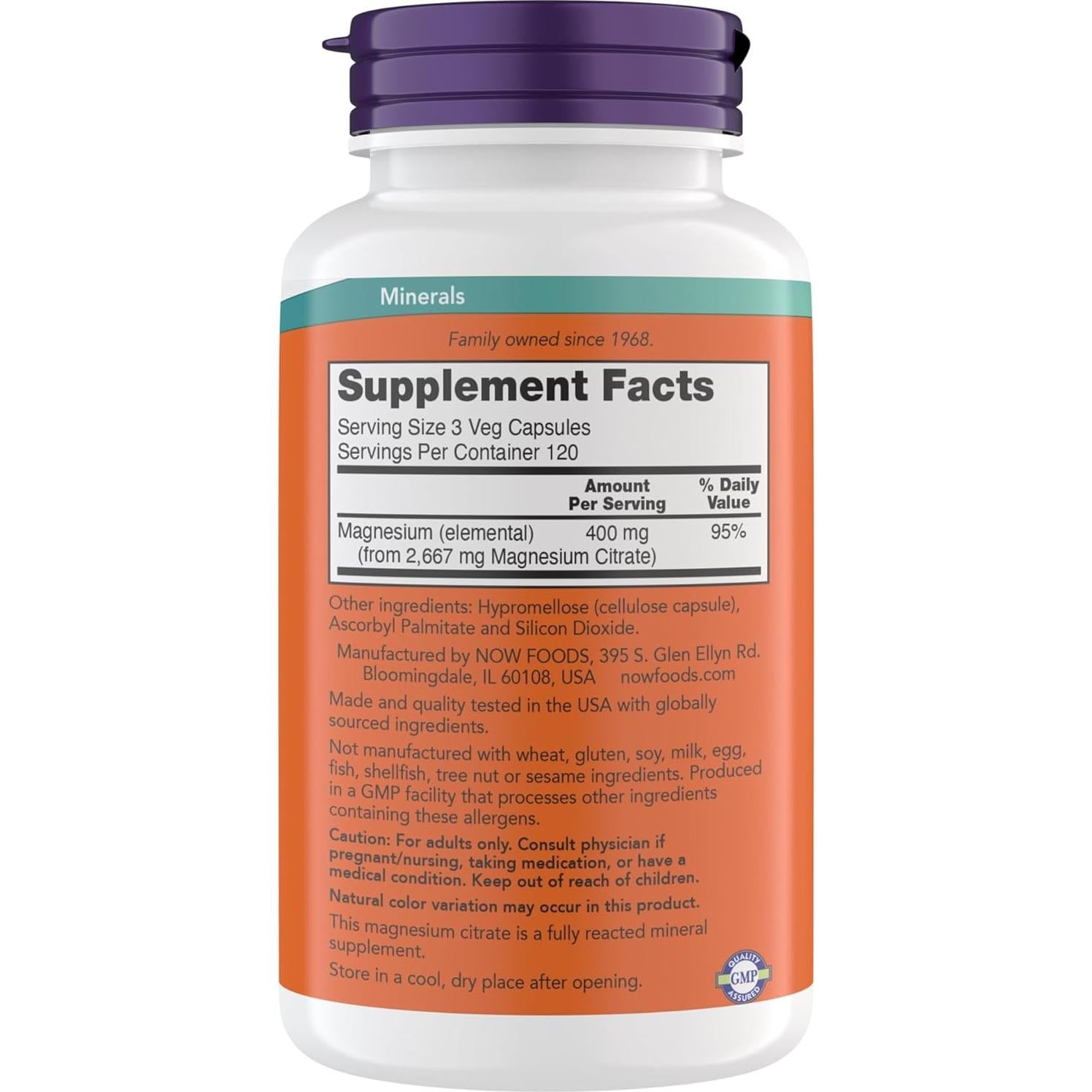 Citrato de Magnesio Now Foods 360 Cápsulas Veganas 227g