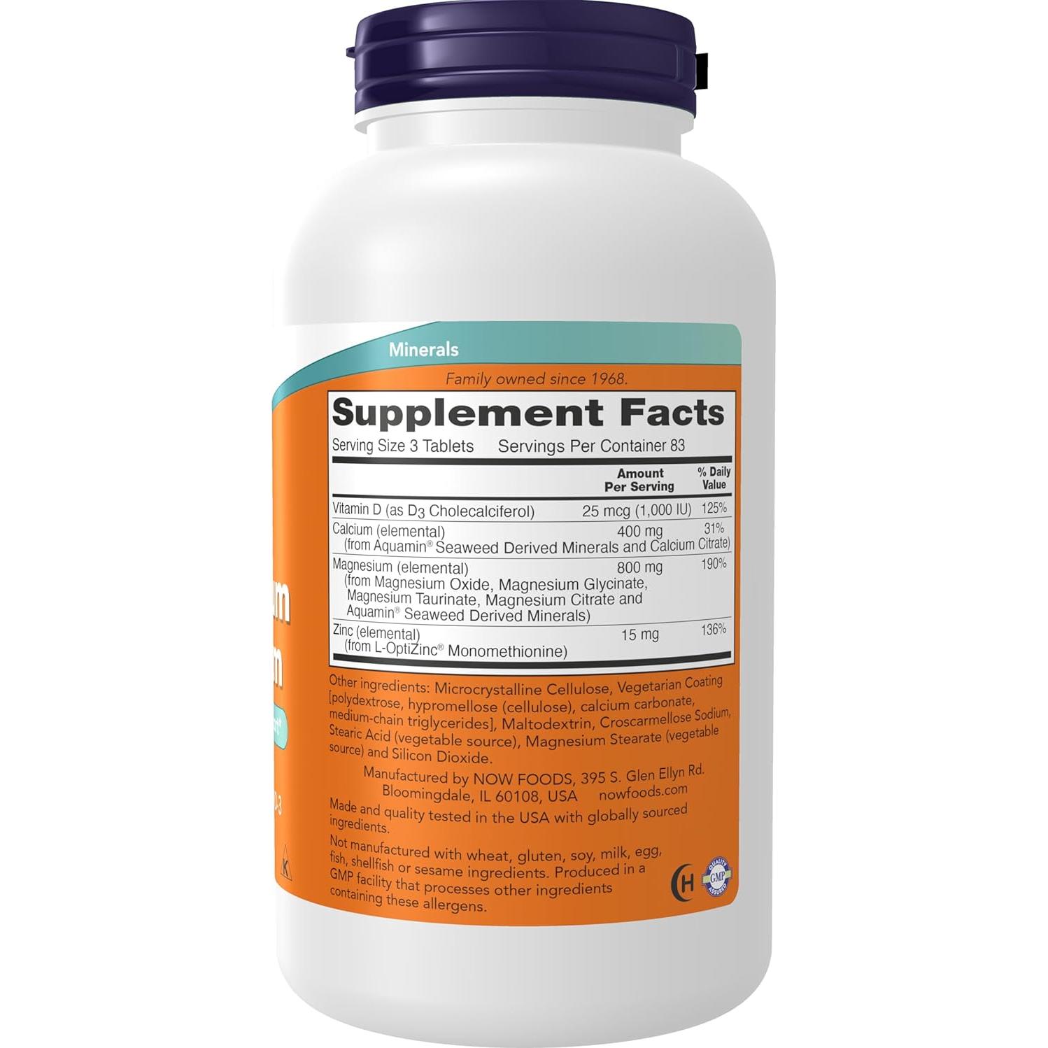 Suplemento de Magnesio y Calcio NOW Foods con Zinc y Vitamina D3 - 250 Tabletas