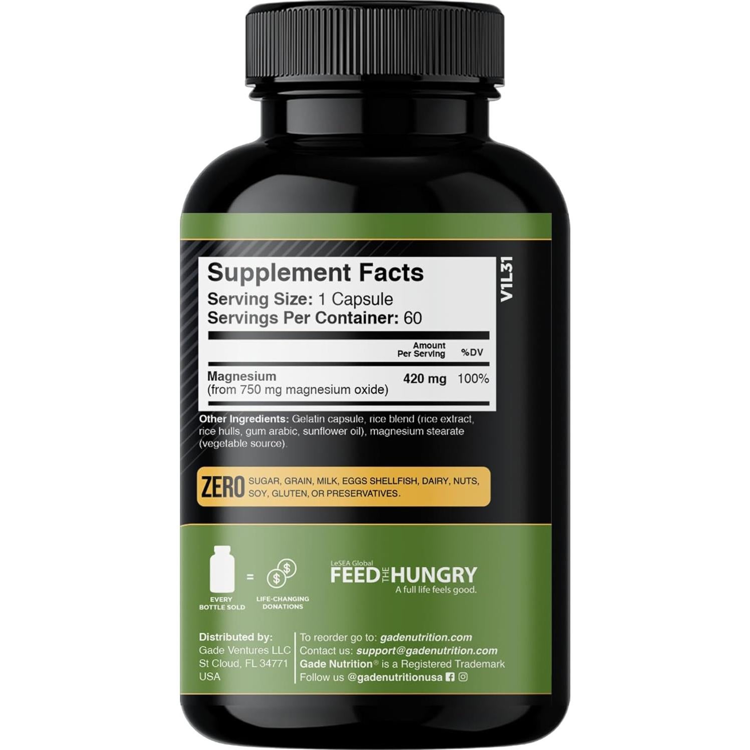 Óxido de Magnesio Puro Gade Nutrition 750 mg - 90 Cápsulas