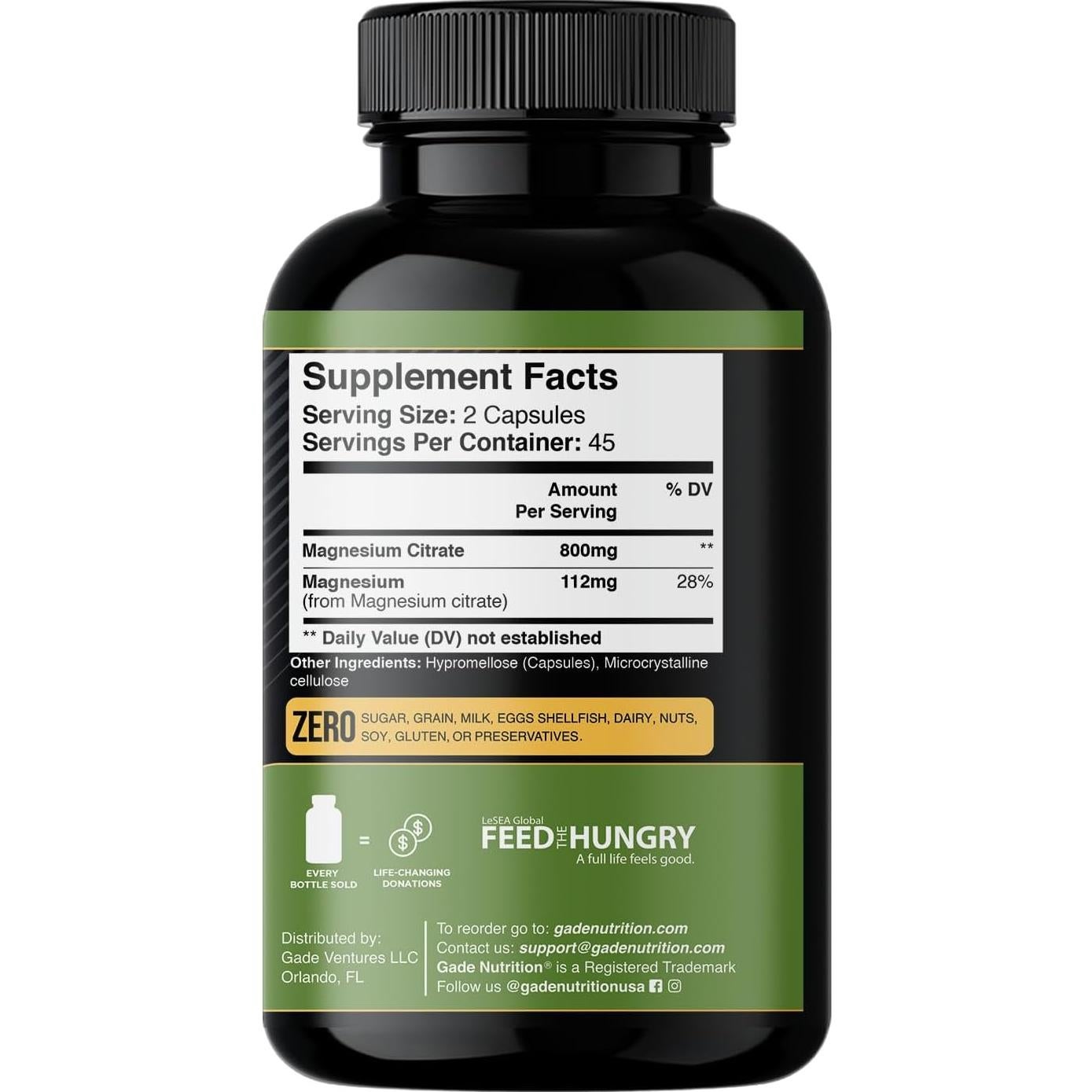 Suplemento de Citrato de Magnesio 800 mg Gade Nutrition - Cápsulas Vegetales