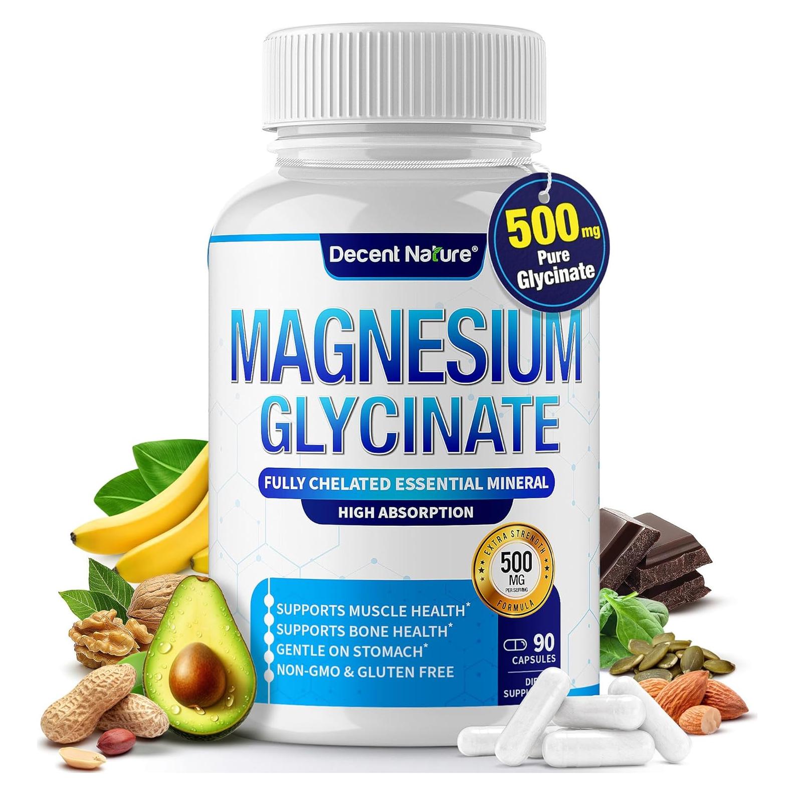 Suplemento de Magnesio Glicinato 500mg Decent Nature 90 Cápsulas