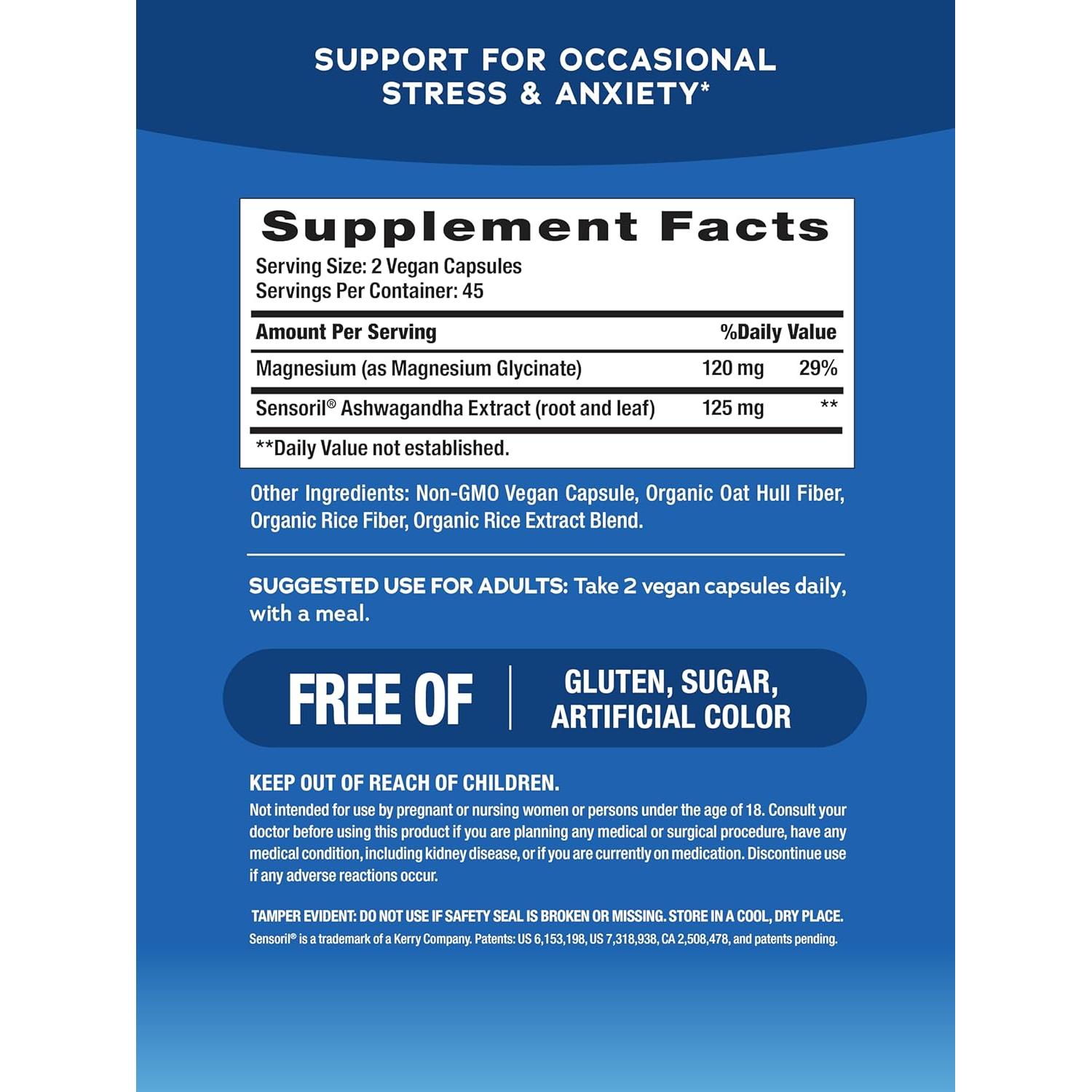 Suplemento Calma Natural Vitality Ashwagandha y Magnesio 90 Cápsulas