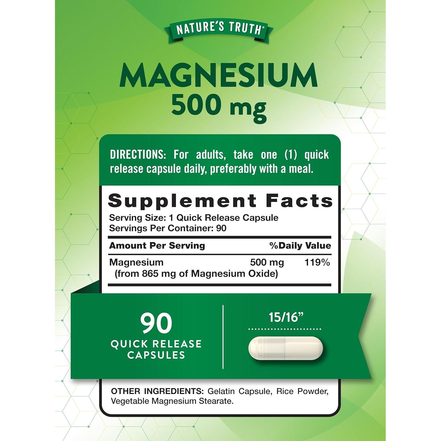Suplemento de Óxido de Magnesio Nature's Truth 500mg 90 Cápsulas