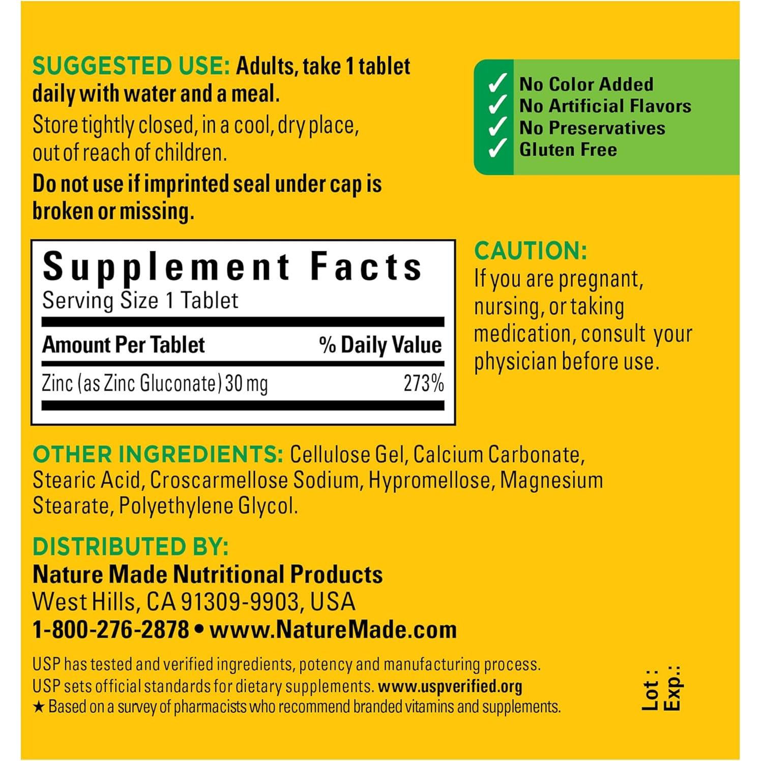 Suplemento de Zinc 30 mg Nature Made - 100 Tabletas