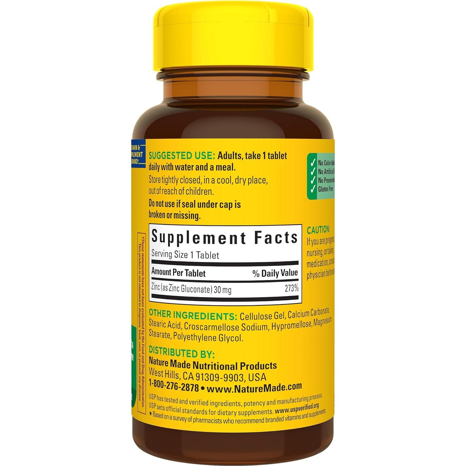 Suplemento de Zinc 30 mg Nature Made - 100 Tabletas