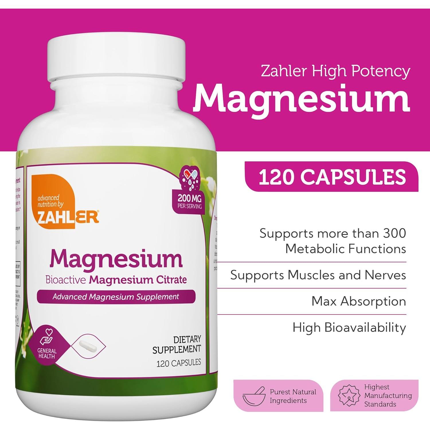 Cápsulas de Magnesio Bioactivo Zahler 200 mg - 120 Conteo