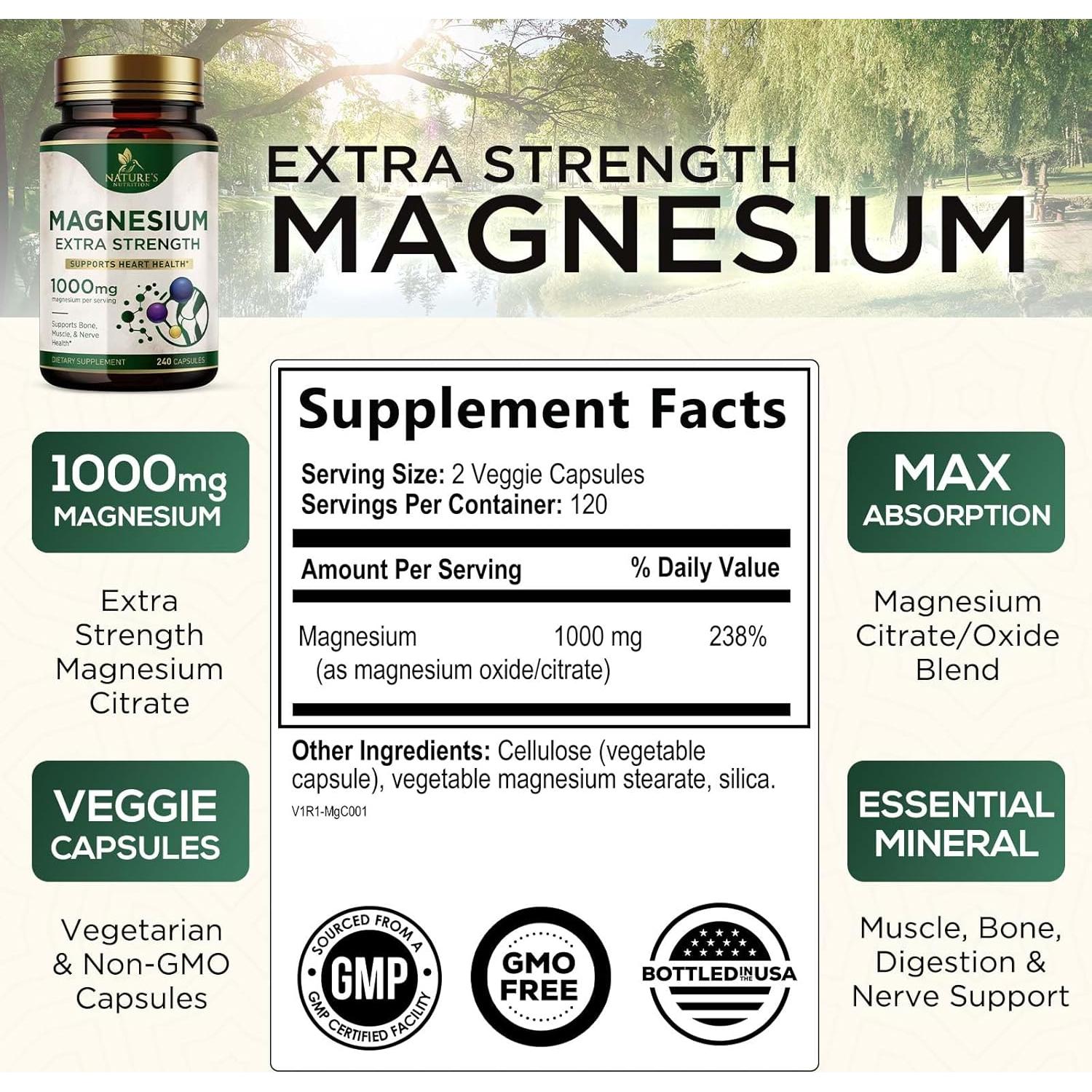 Suplemento de Magnesio Citrato y Óxido 1000mg 240 Cápsulas