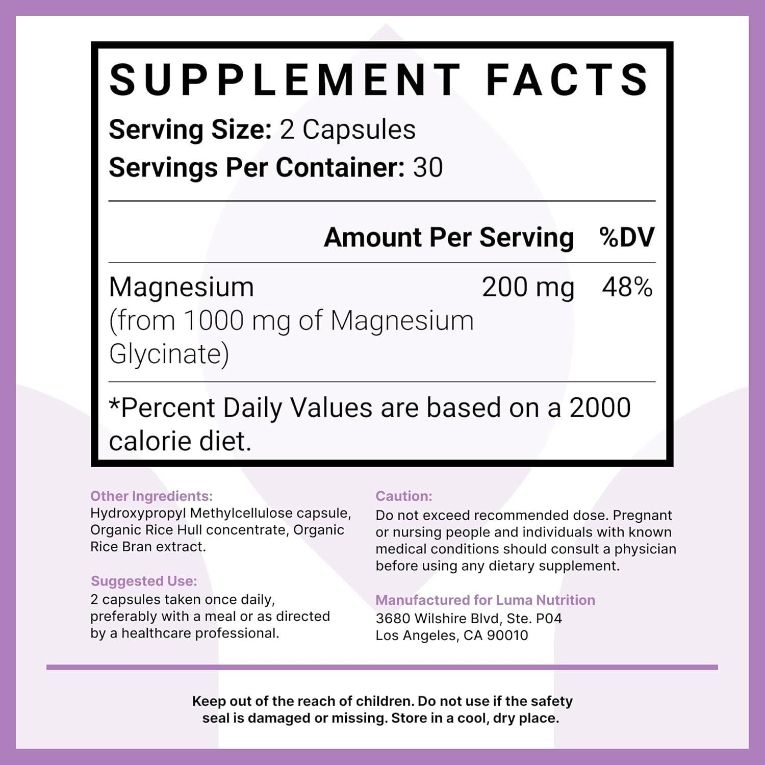 Glicinato de Magnesio Luma Nutrition 1000mg - 60 Cápsulas Veganas