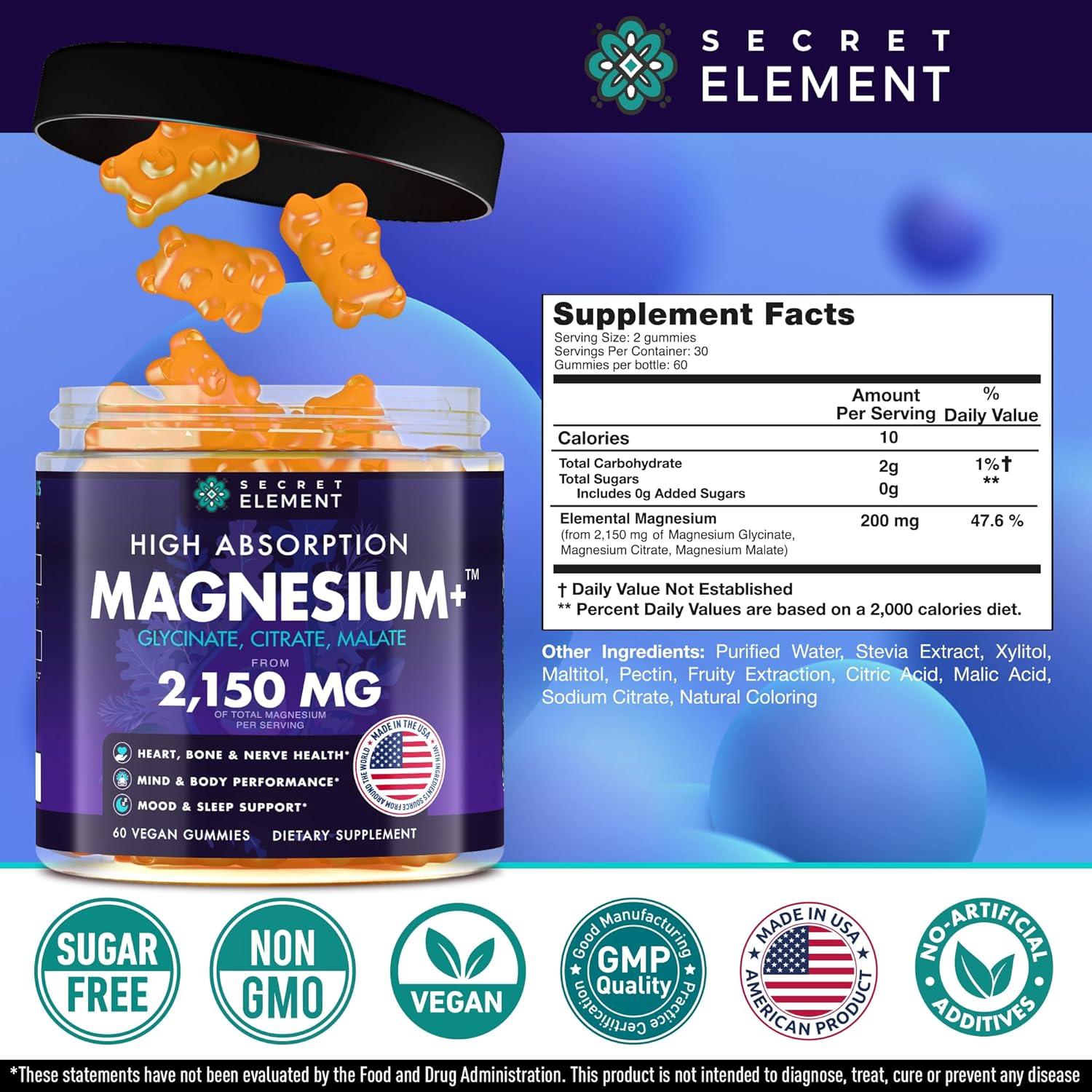 Gomitas de Magnesio Glicinato 2150mg Secret Element 60 Unidades
