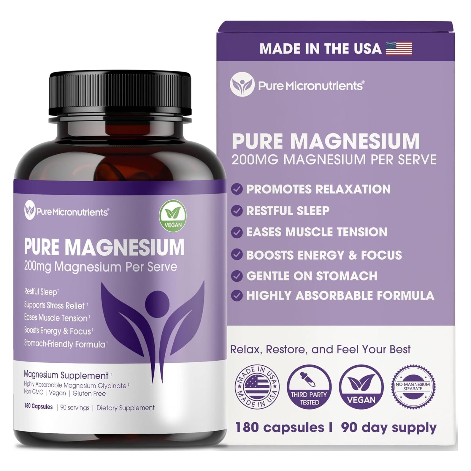 Suplemento de Glicinato de Magnesio Micronutrientes Puros 200mg 180 Cápsulas