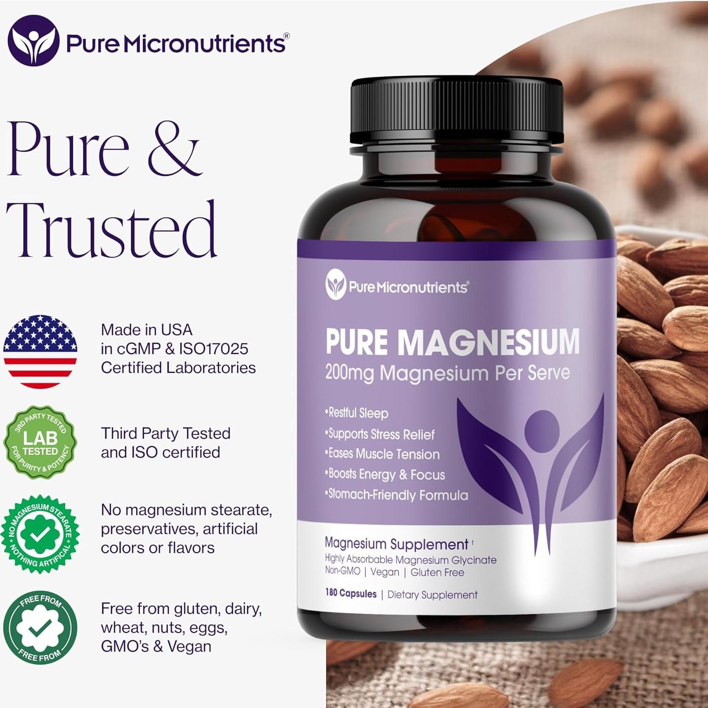 Suplemento de Glicinato de Magnesio Micronutrientes Puros 200mg 180 Cápsulas