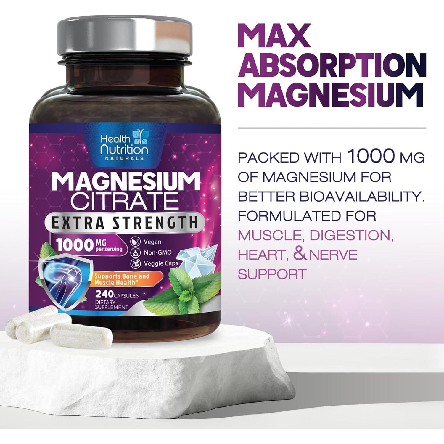 Cápsulas de Citrato de Magnesio 1000mg Health Nutrition - 240 Unidades