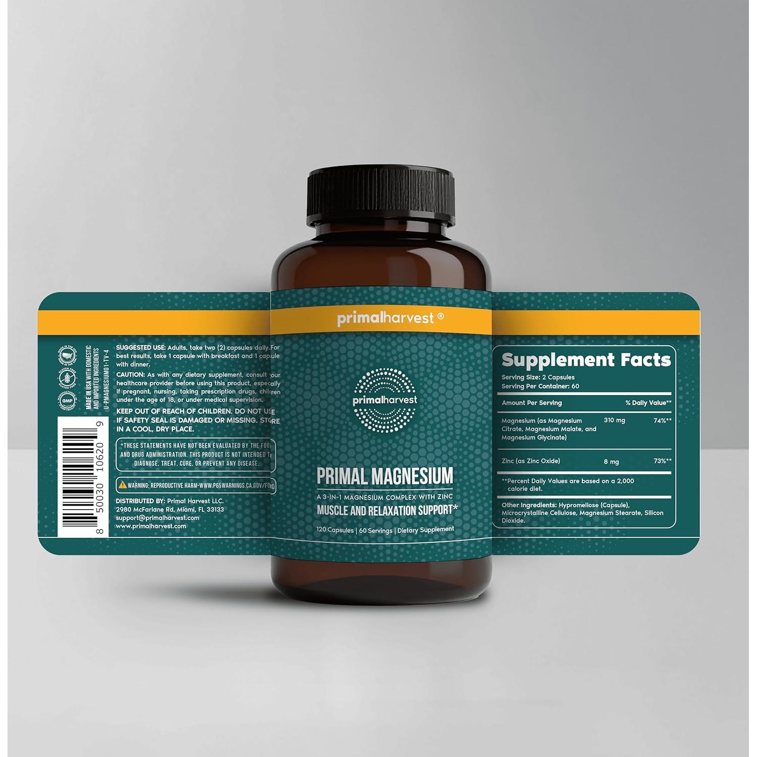 Suplemento de Magnesio 310mg Primal Harvest 120 Cápsulas