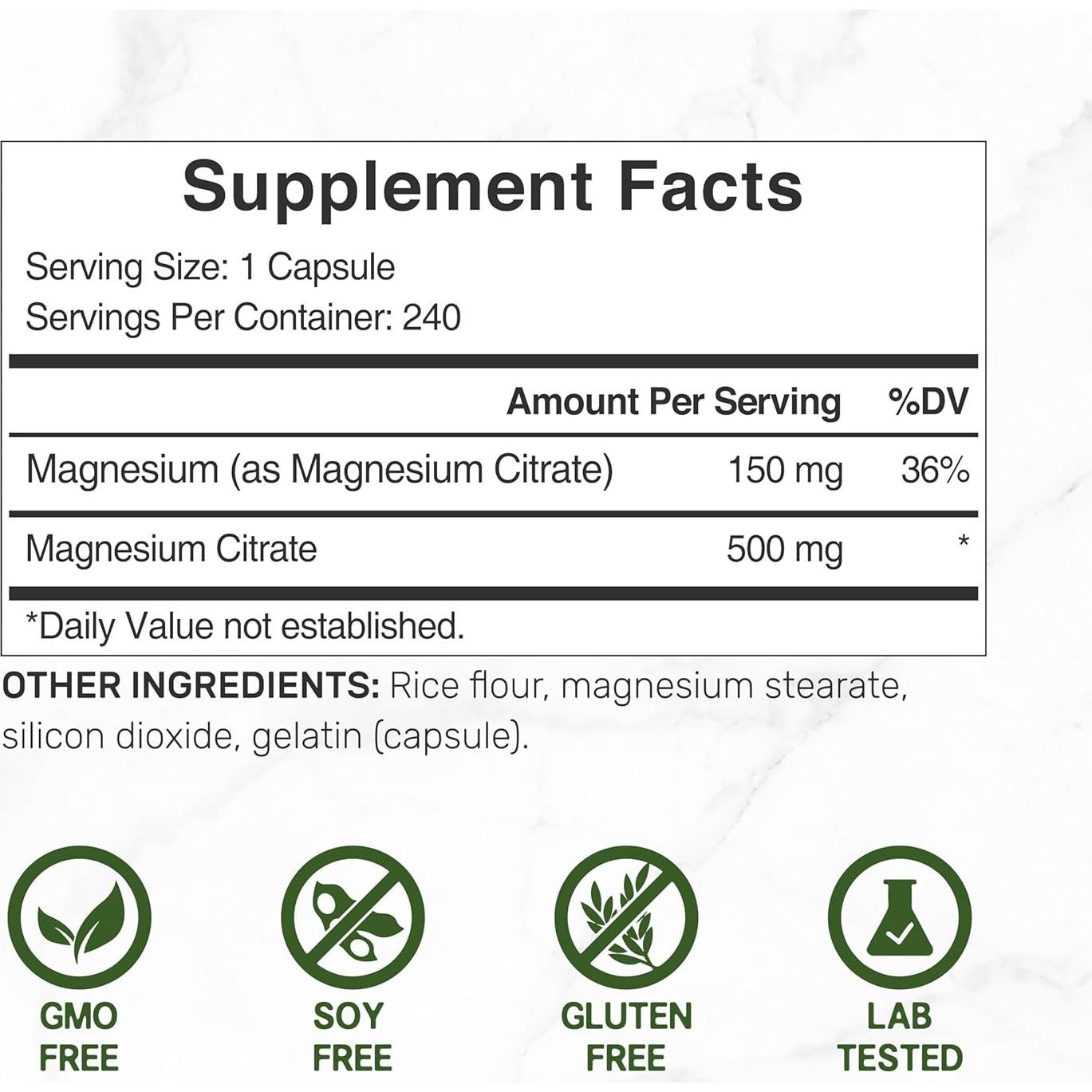 Suplemento Deal Citrato de Magnesio 500mg - 240 Cápsulas