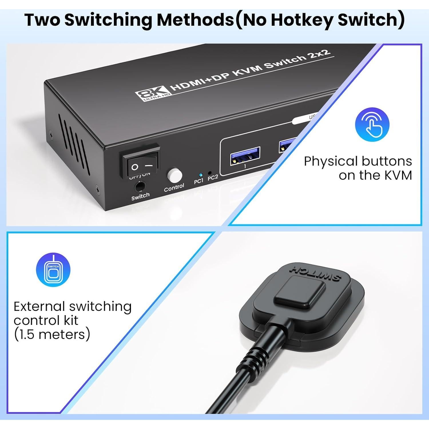 Interruptor KVM Doble Monitor HDMI DP 8K 60Hz 2 PCs USB 3.0