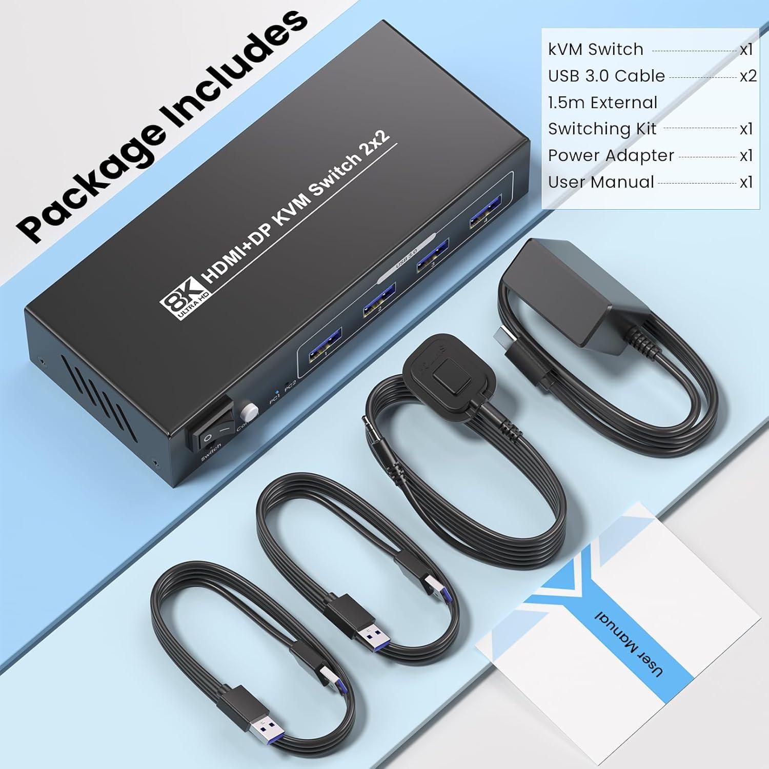 Interruptor KVM Doble Monitor HDMI DP 8K 60Hz 2 PCs USB 3.0