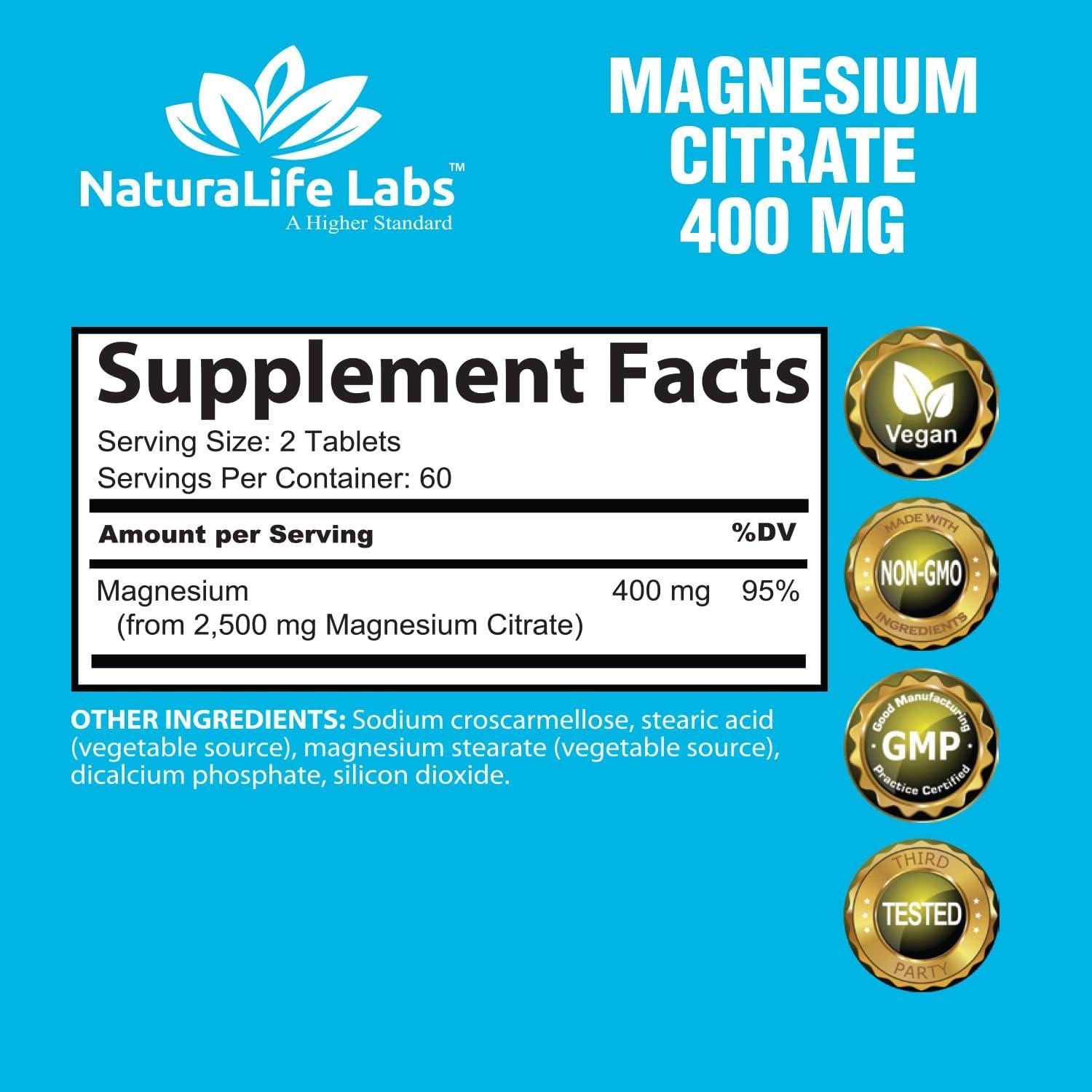 Citrato de Magnesio 400 mg NaturaLife Labs - 120 Tabletas Veganas