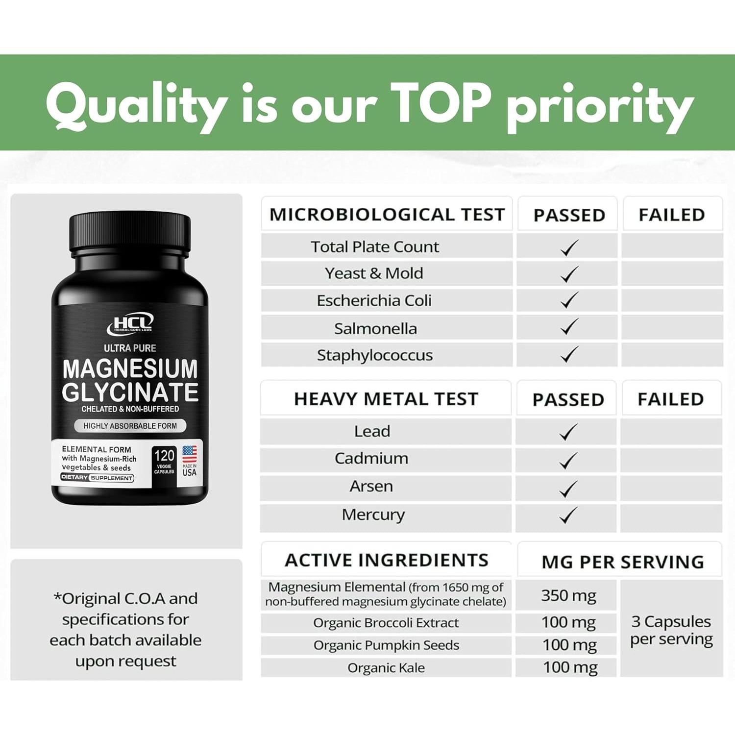 Cápsulas de Glicinato de Magnesio Puro HCL 350mg - Herbal Code