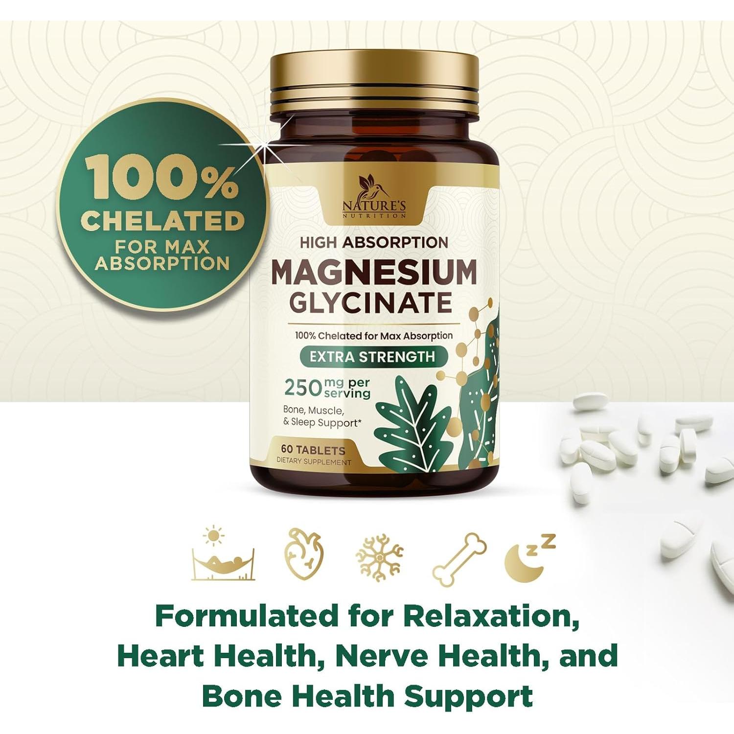 Glicinato de Magnesio Nature's Nutrition 250 mg 60 Tabletas Veganas