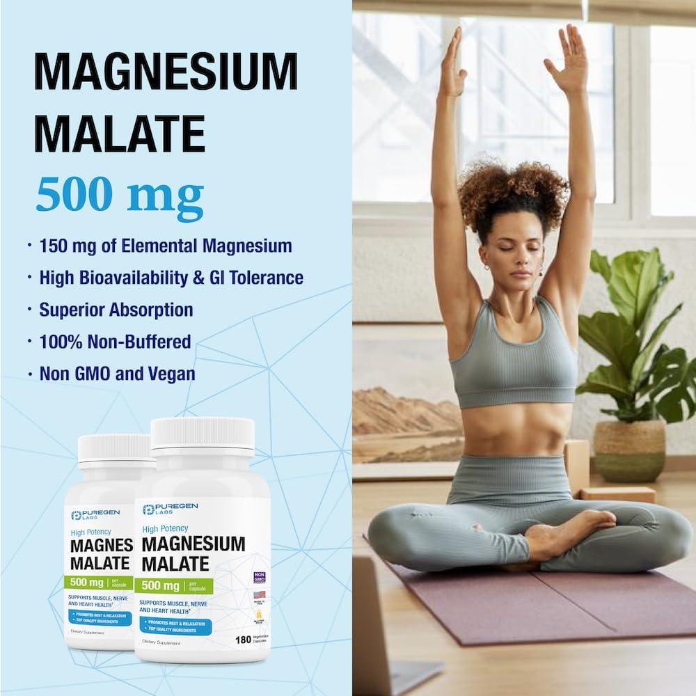 Malato de Magnesio 500mg Puregen Labs 180 Cápsulas Vegetales