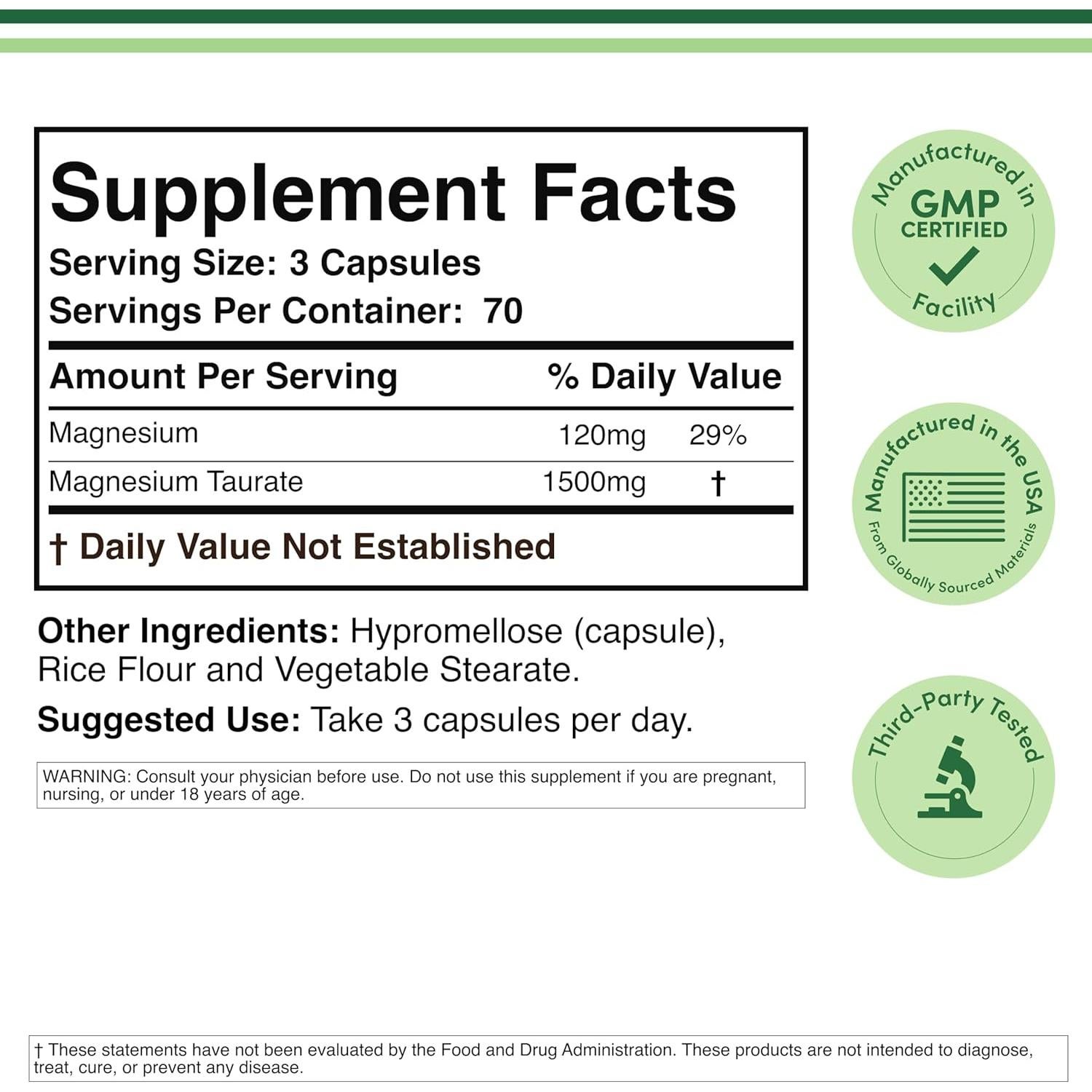 Suplemento Taurato de Magnesio 1500mg 210 Cápsulas Veganas Double Wood