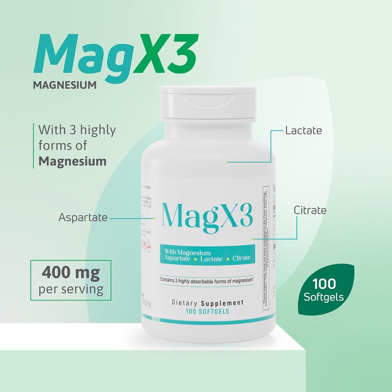 Nutra Mag X3 Suplemento de Magnesio 400 mg - Alivio del Estrés