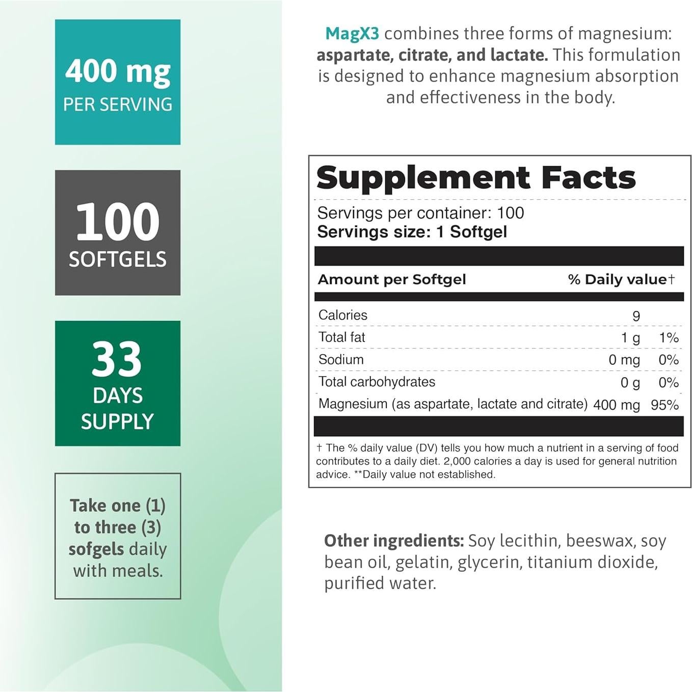 Nutra Mag X3 Suplemento de Magnesio 400 mg - Alivio del Estrés