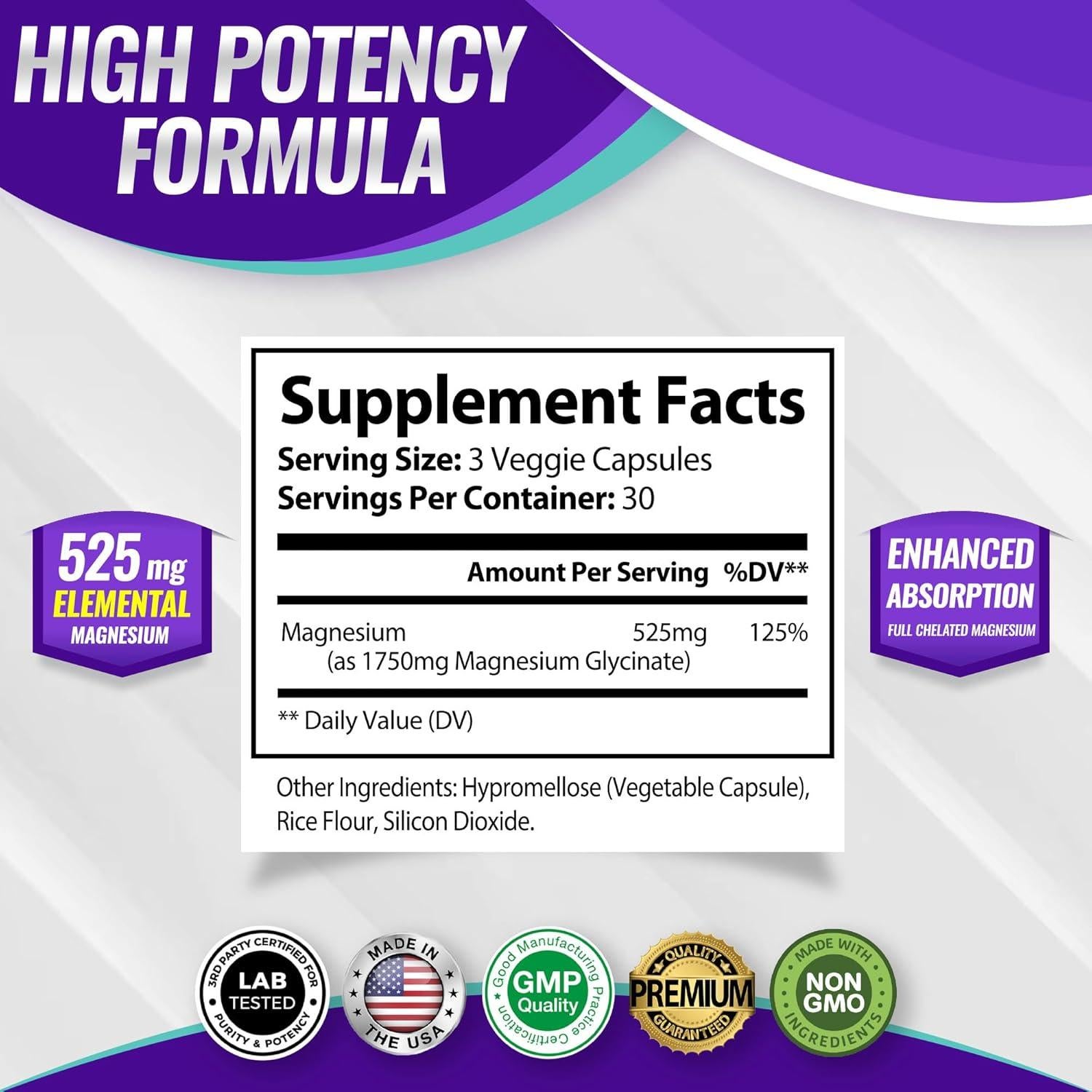 Glicinato de Magnesio 525mg Dyess Labs - 90 Cápsulas Veganas