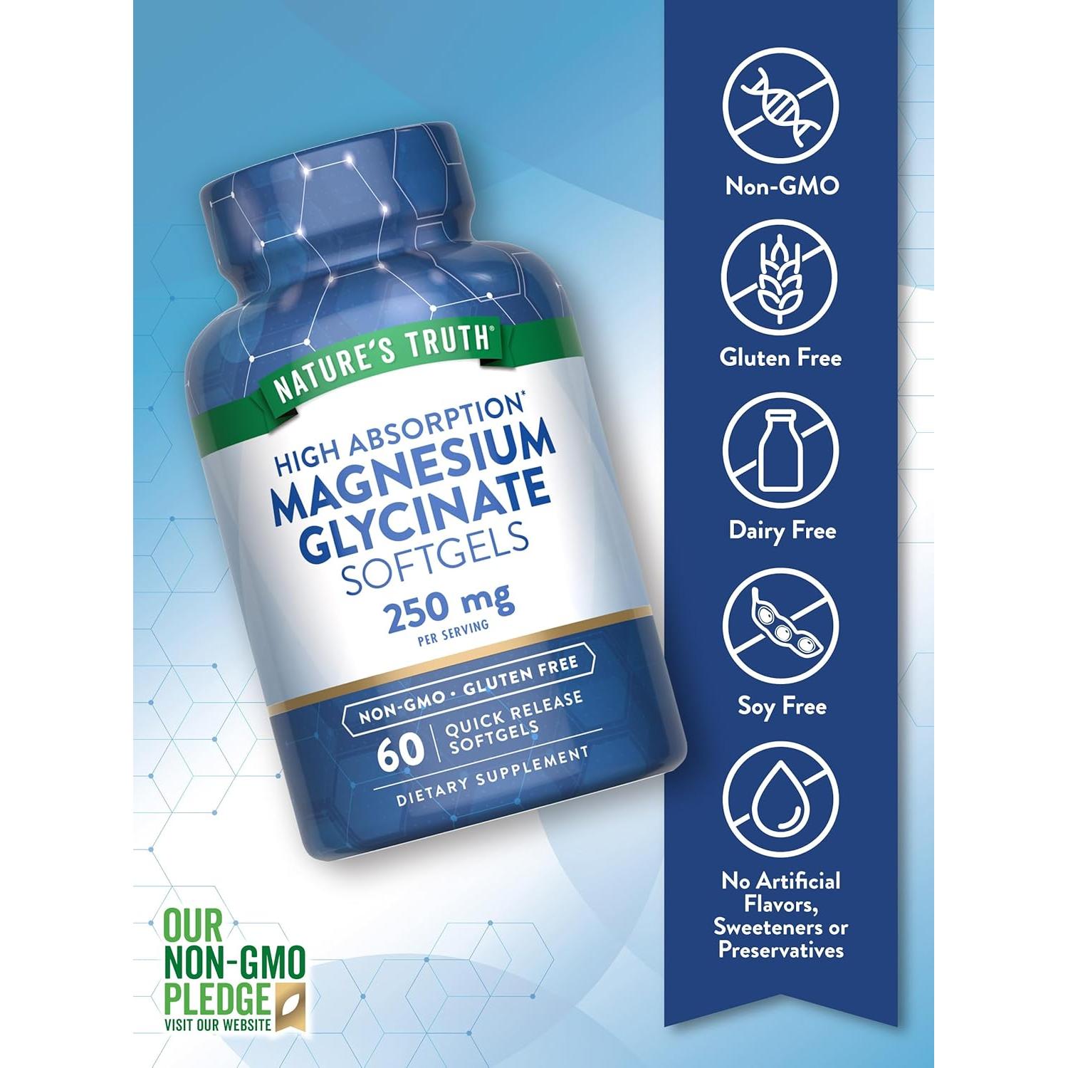 Suplemento Glicinato de Magnesio Nature's Truth 250mg 60 Cápsulas