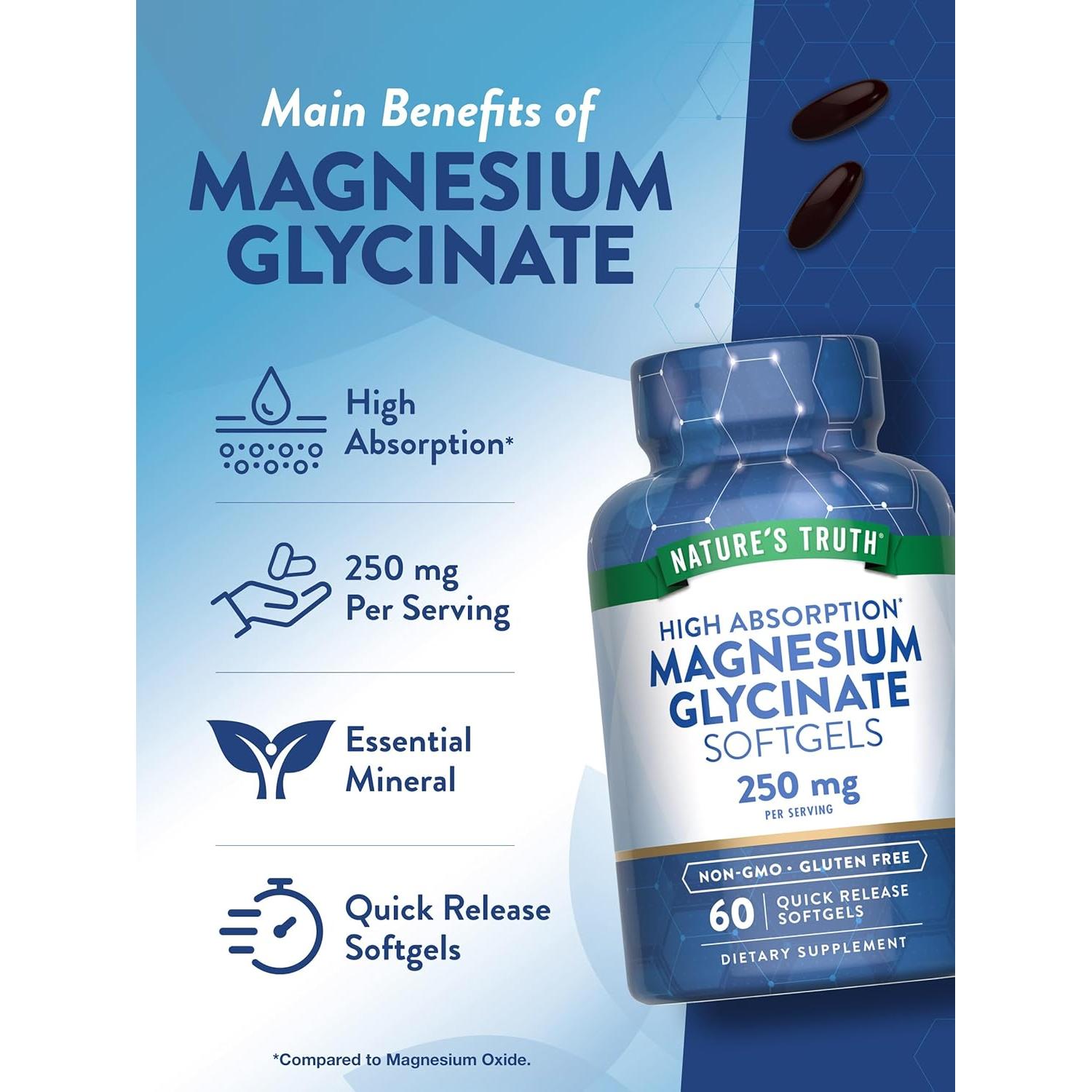 Suplemento Glicinato de Magnesio Nature's Truth 250mg 60 Cápsulas