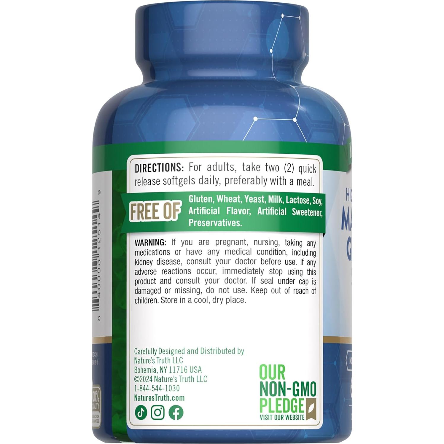 Suplemento Glicinato de Magnesio Nature's Truth 250mg 60 Cápsulas