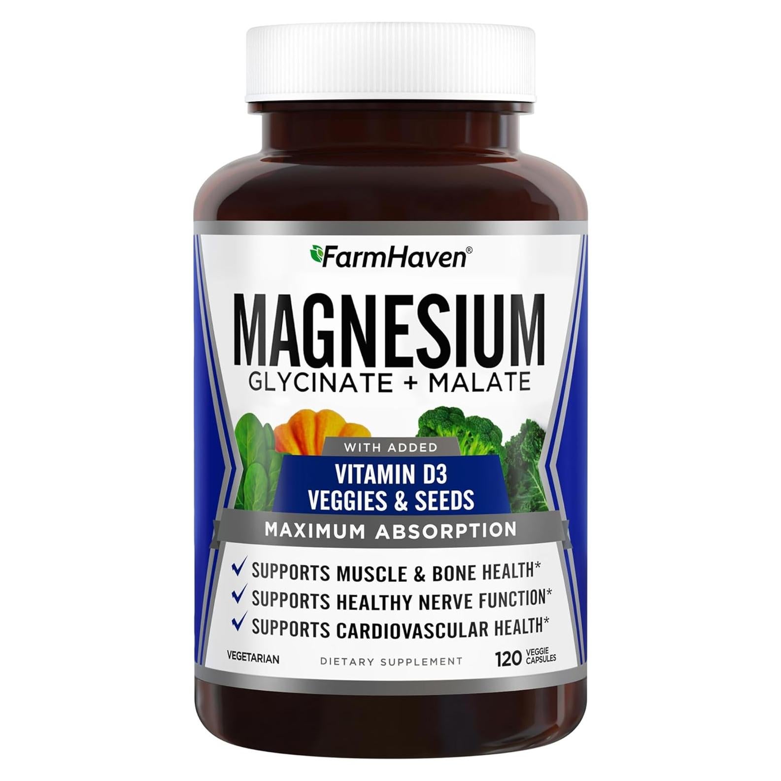 Glicinato y Malato de Magnesio FarmHaven 120 Cápsulas 800 UI D3