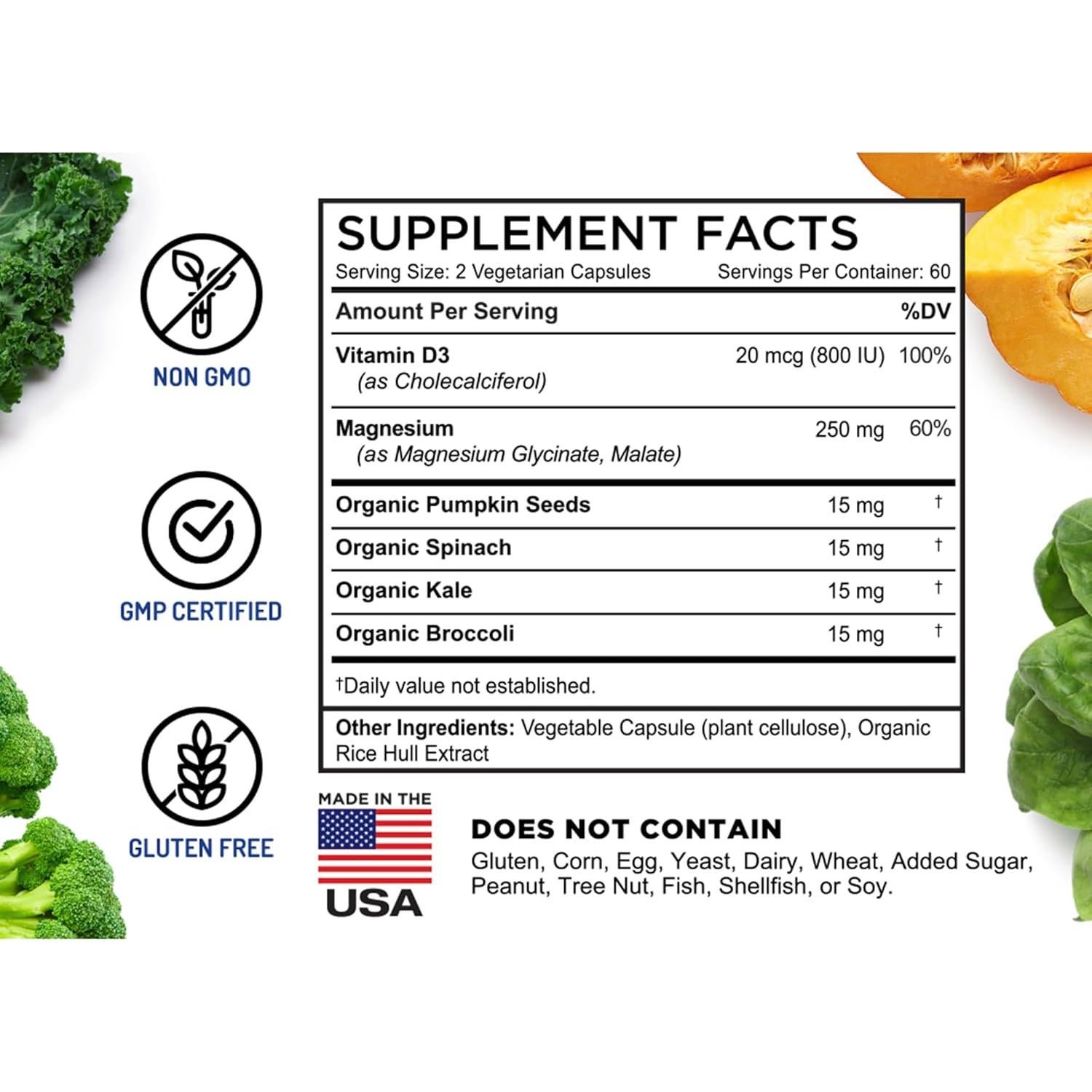 Glicinato y Malato de Magnesio FarmHaven 120 Cápsulas 800 UI D3