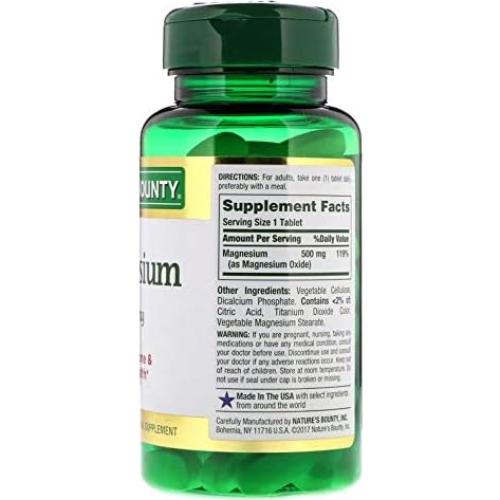 Suplemento de Magnesio Nature's Bounty 500 mg 100 Tabletas