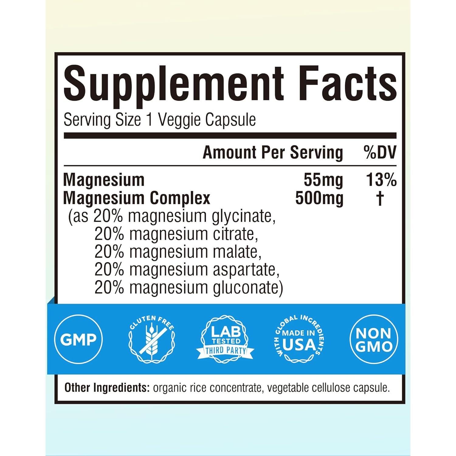 Suplemento de Magnesio Terranics 5-en-1 500mg 120 Cápsulas Veganas