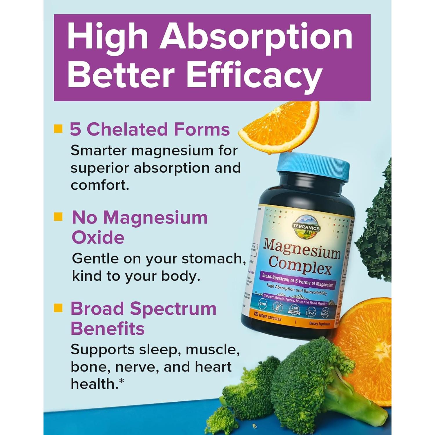 Suplemento de Magnesio Terranics 5-en-1 500mg 120 Cápsulas Veganas