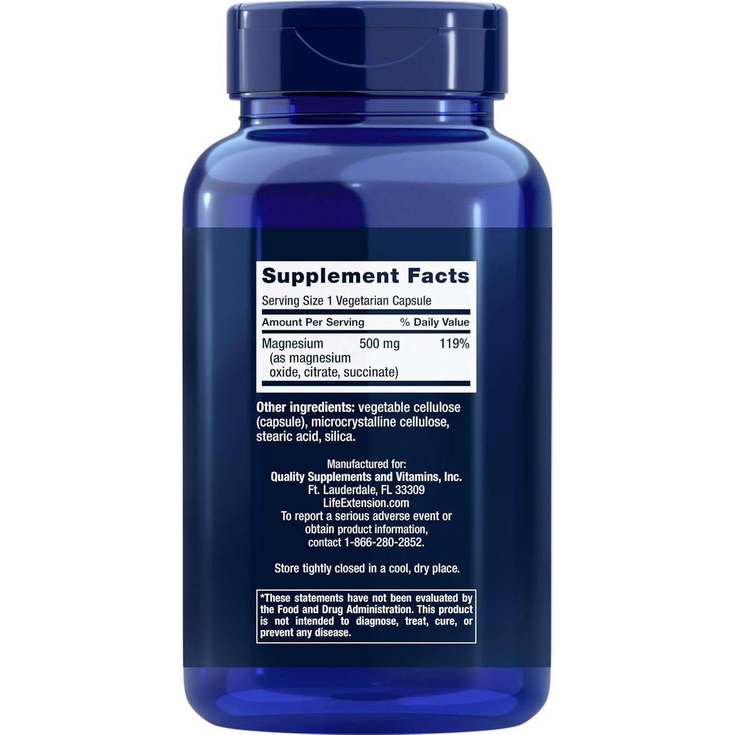 Suplemento de Magnesio 500mg Life Extension 270 Cápsulas Veganas