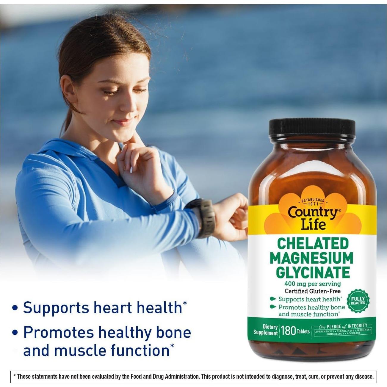 Magnesio Glicinato Quelado Country Life 400mg 180 Tabletas