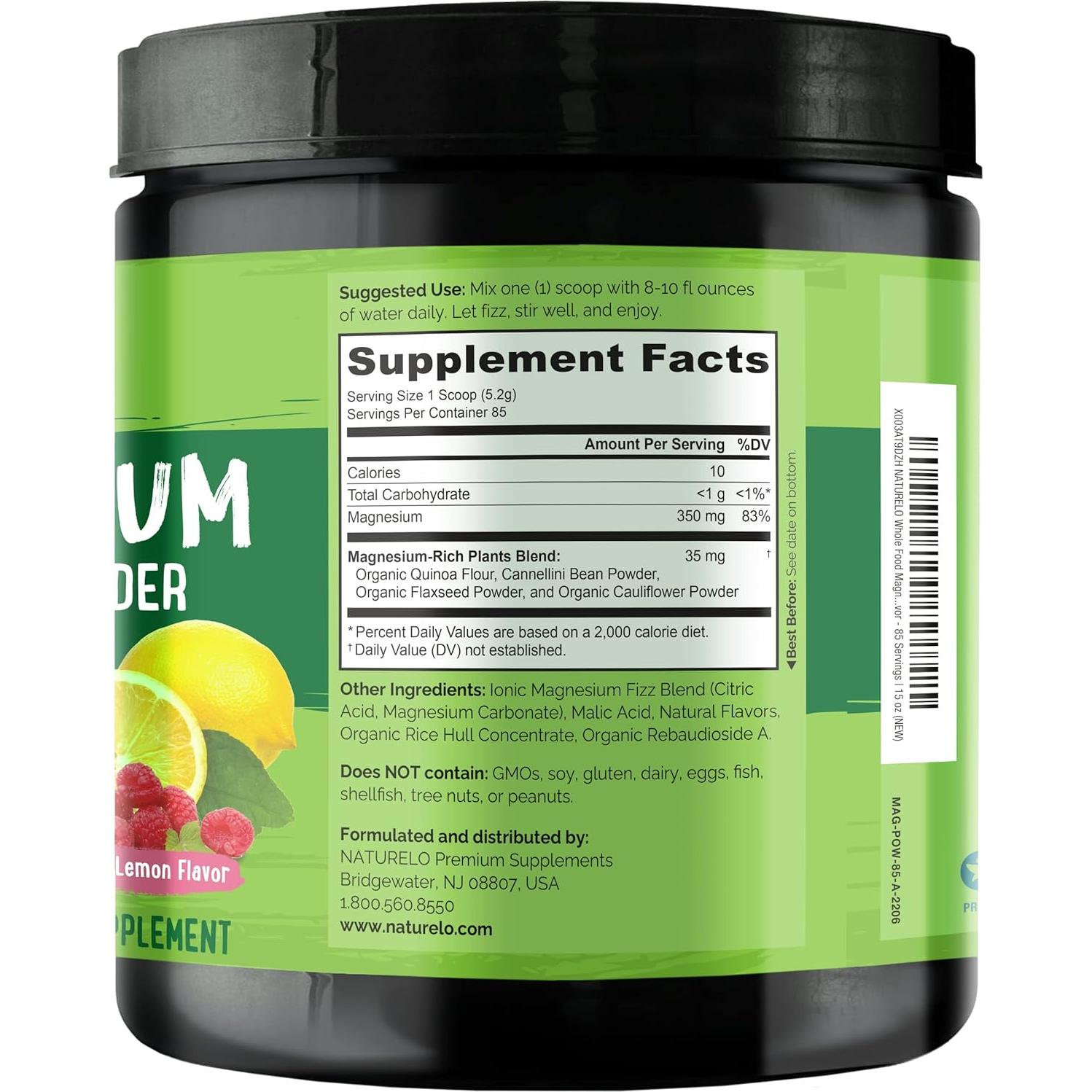 Polvo de Magnesio Naturelo 425g - Alivio del Estrés Limón Frambuesa