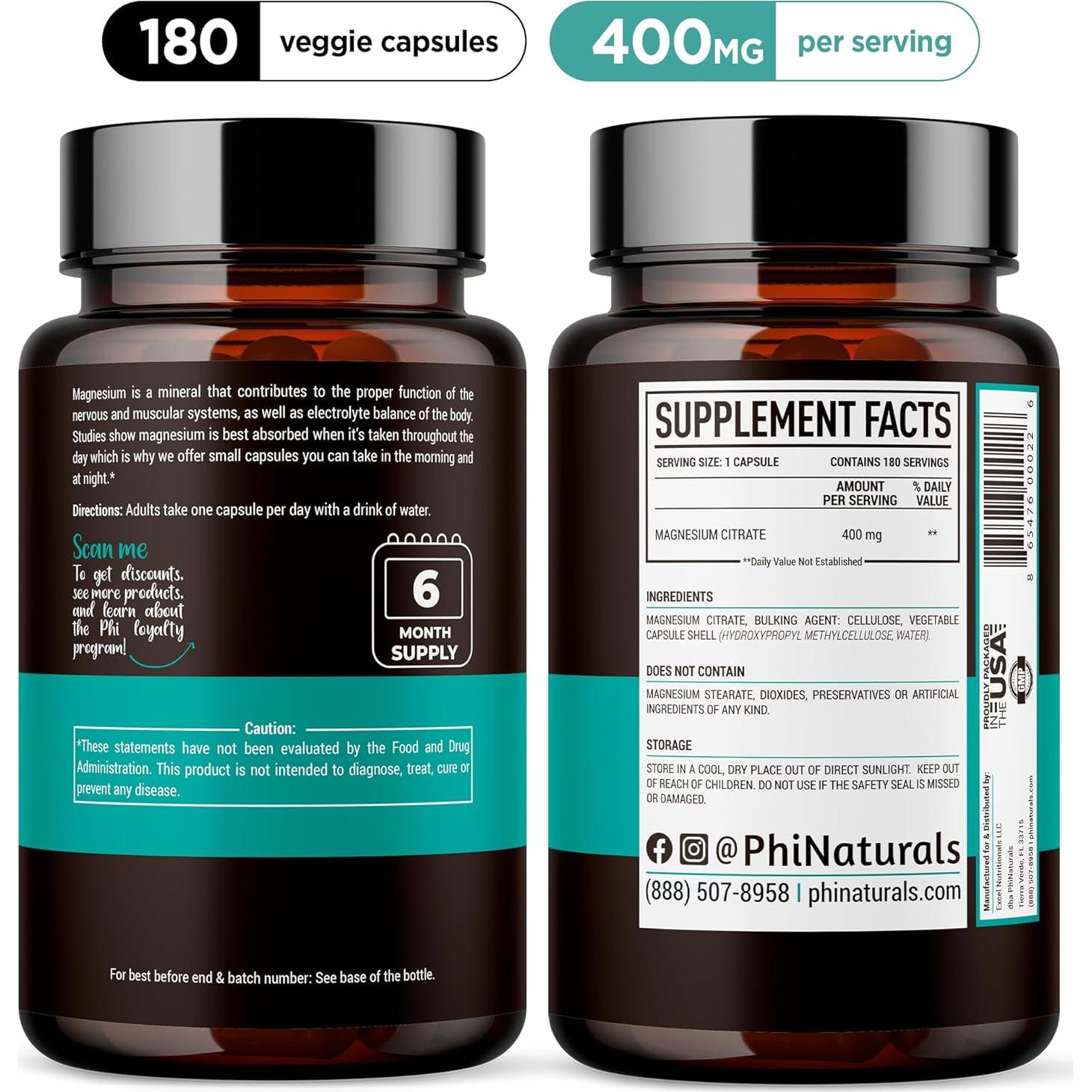 Cápsulas de Citrato de Magnesio 400mg - PhiNaturals - 180 Unidades