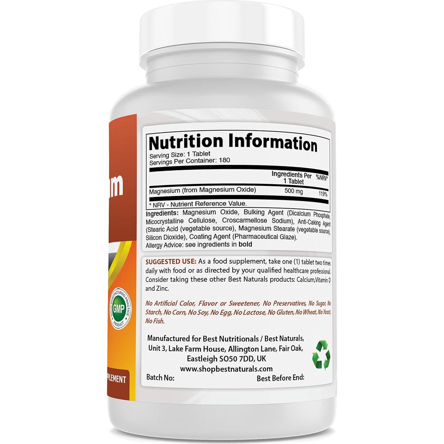 Óxido de Magnesio 500 mg Mejor Naturales 180 tabletas