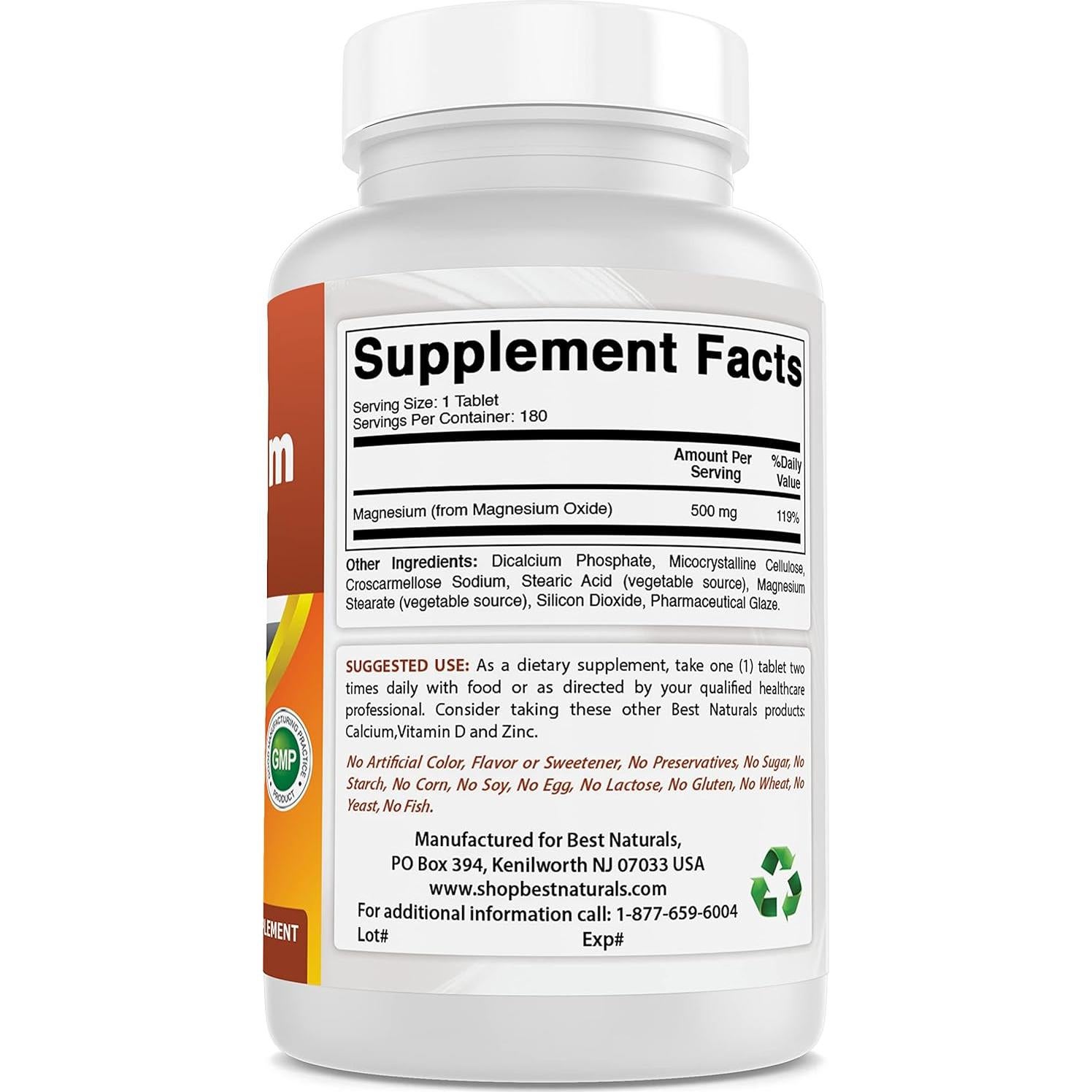 Óxido de Magnesio 500 mg Mejor Naturales 180 tabletas