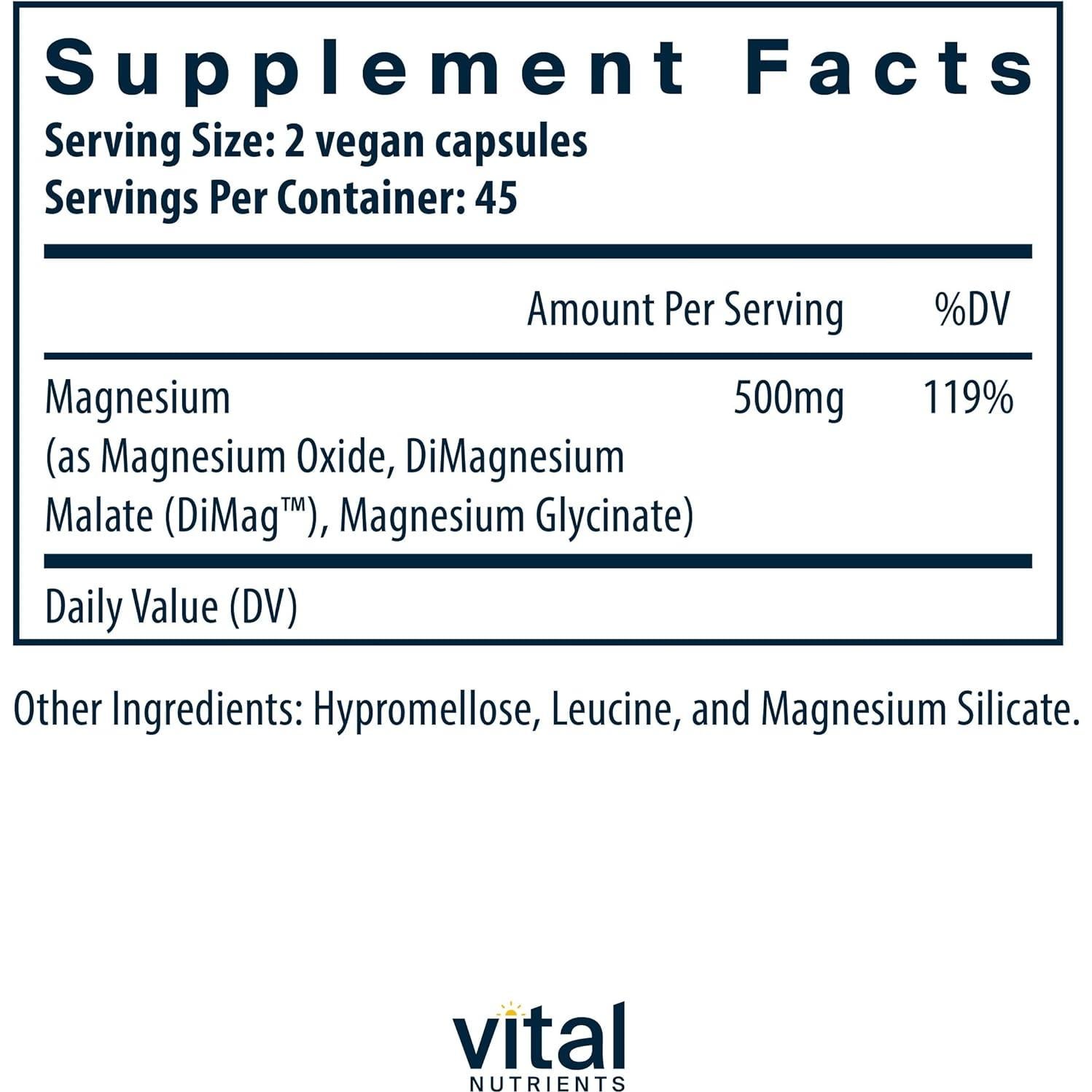 Suplemento de Magnesio Vegano Vital Nutrients 250mg - 90 Cápsulas