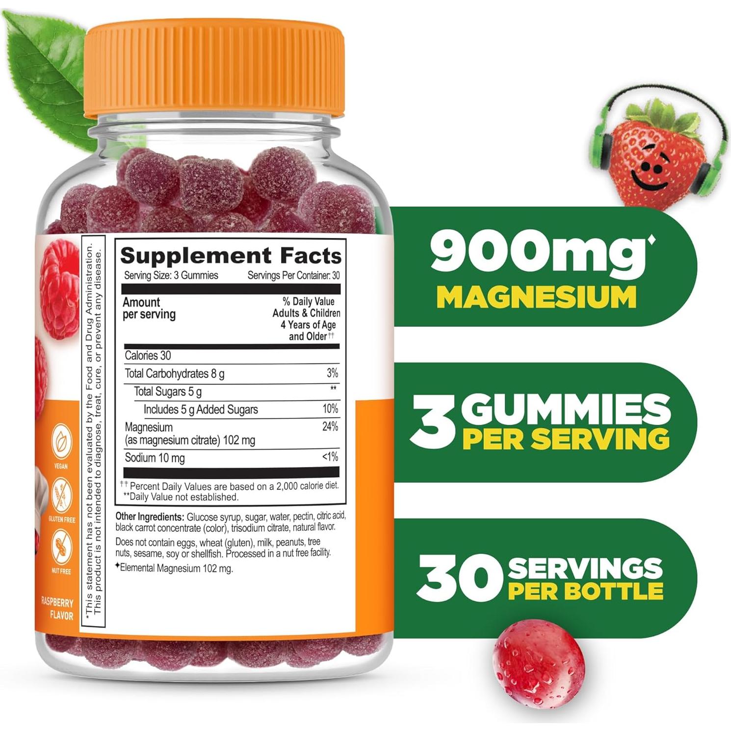 Gomitas de Magnesio Lifeable para Niños 900mg Sabor Frambuesa